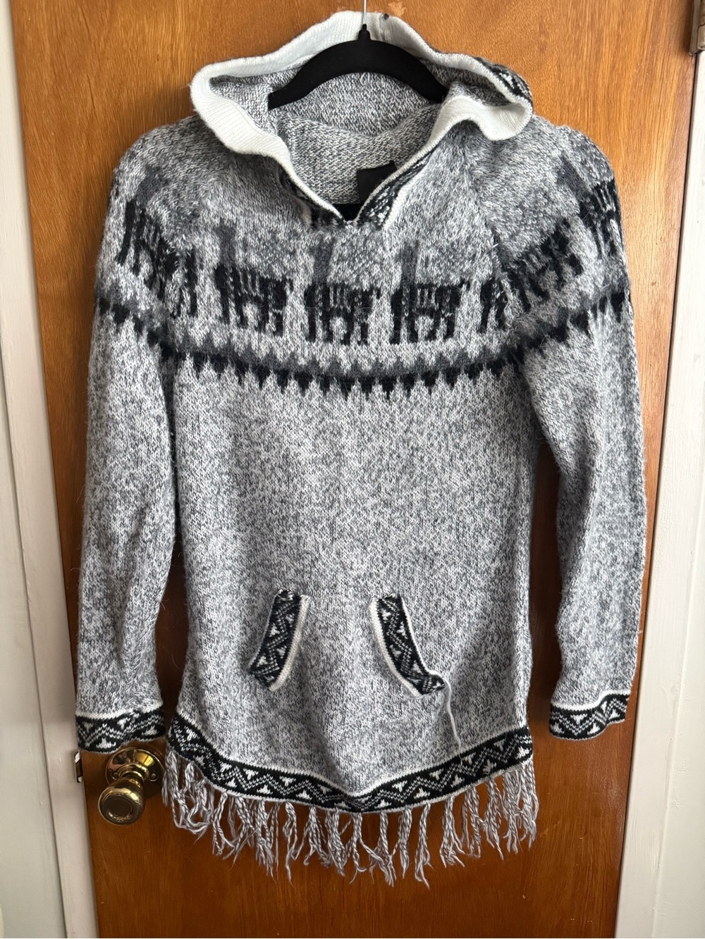 Alpaca - Gray Hooded Fringe Sweater with Llama Pattern
